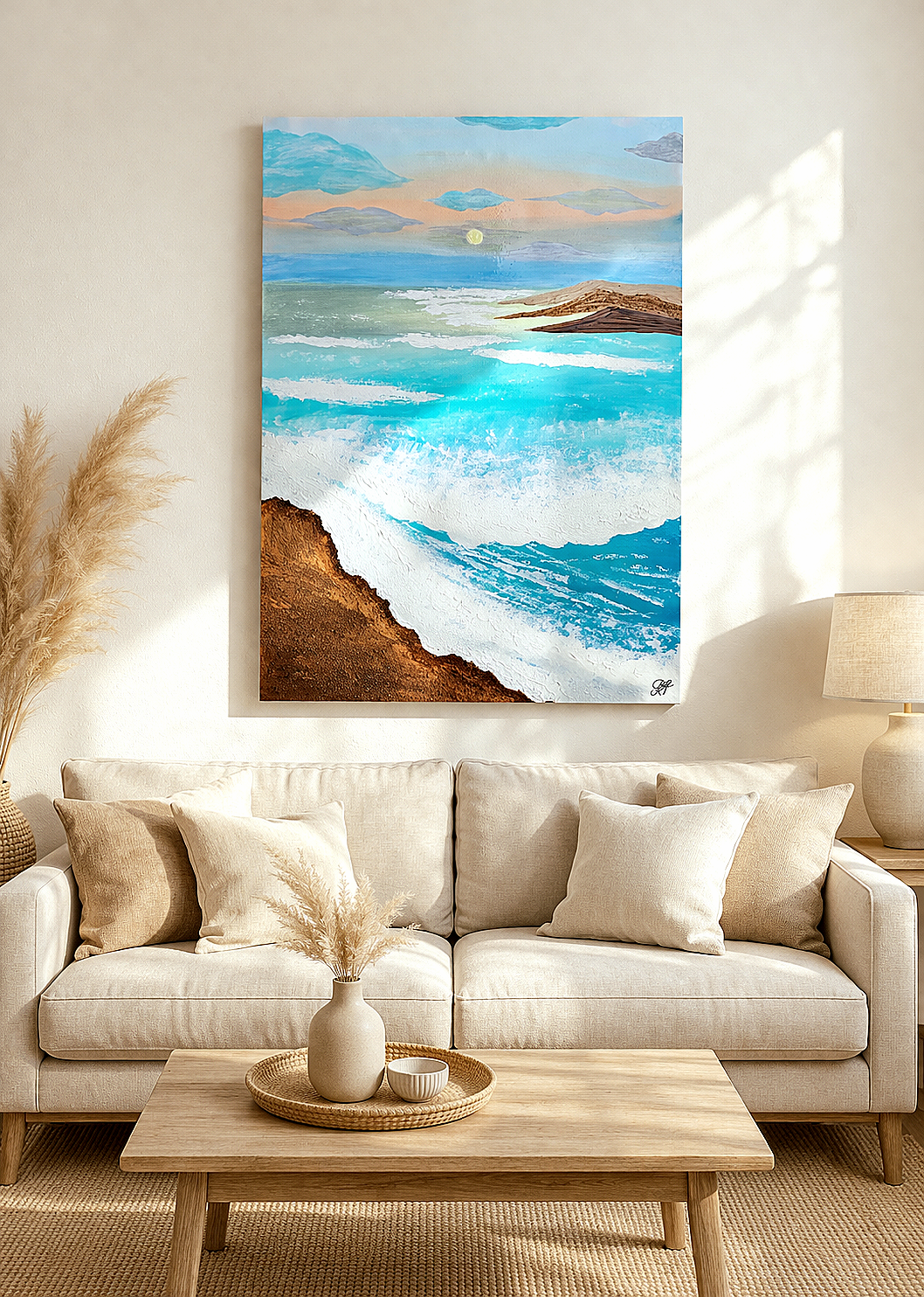 Ръчно рисувана морска картина „Морски хоризонт“ 50 x 70 см в светъл интериор