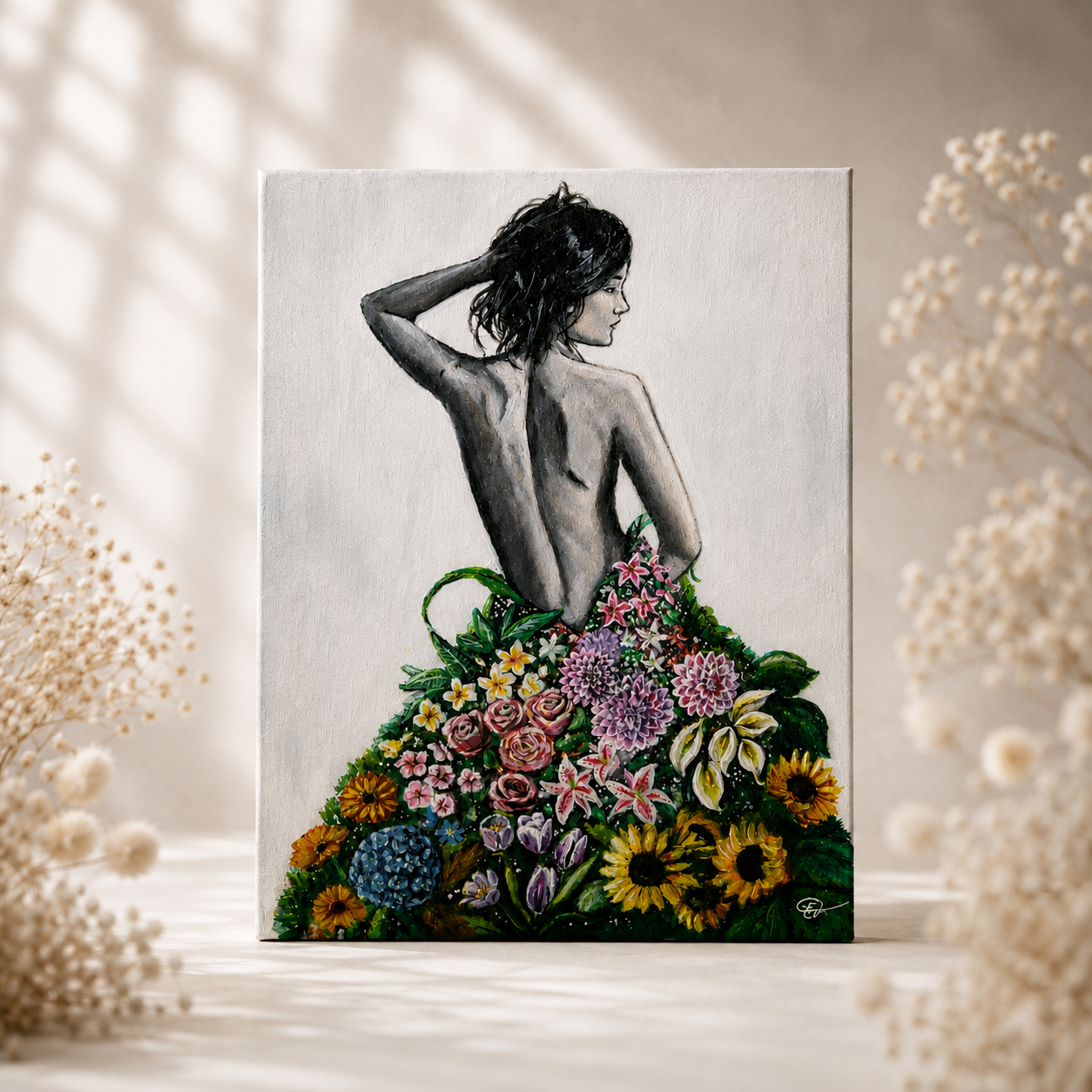 Ръчно рисувана картина „Жена в цветя“ – 30 × 40 см