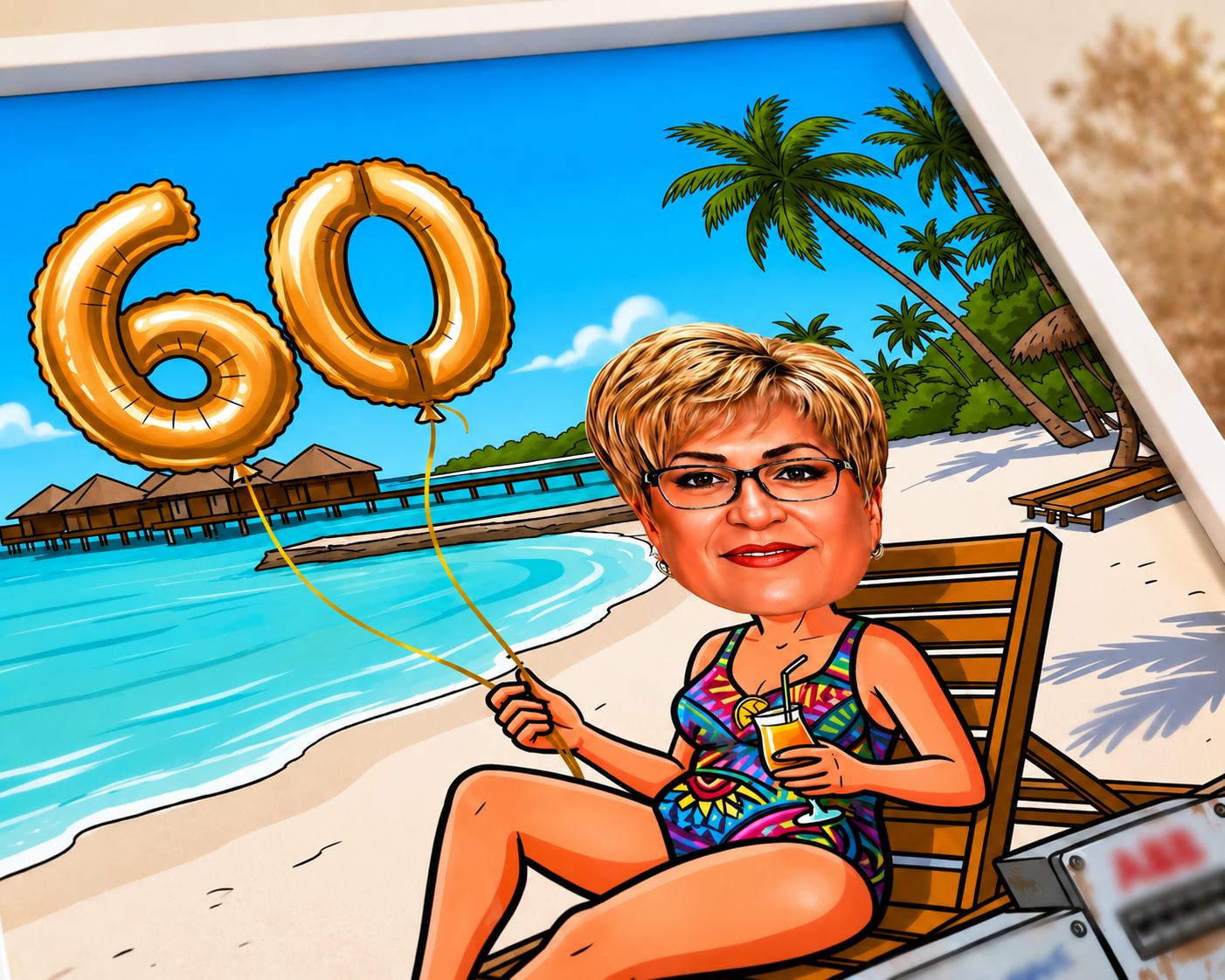 Детайл от персонализирана карикатура за жена за 60-годишен юбилей с балони 60 и морски фон