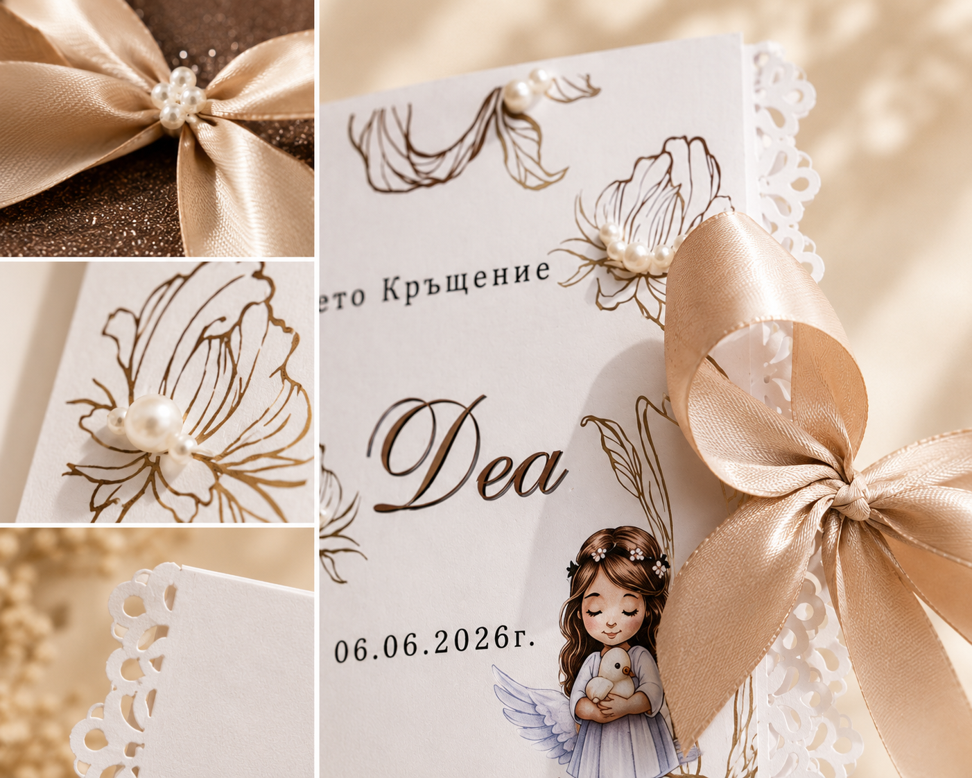 Детайли на персонализирана картичка за Свето кръщение на Деа с перли, сатенена панделка и ажурен кант
