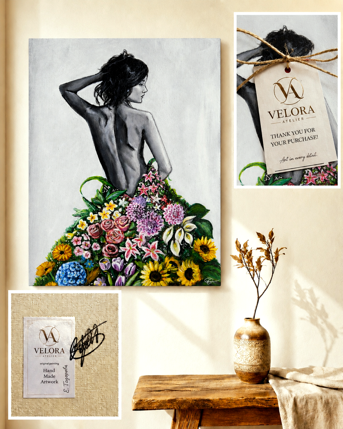 Ръчно рисувана картина „Цветна муза“ с женска фигура, цветя и брандинг Velora Atelier