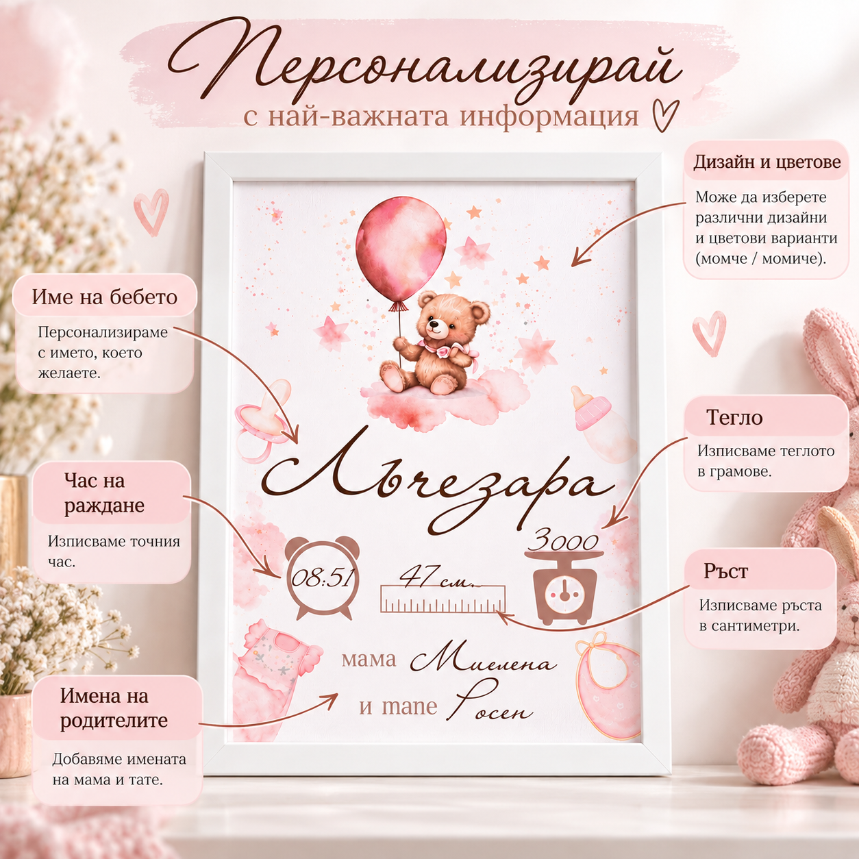 Персонализирана бебешка визитка за момиче Лъчезара – пример за персонализация с име, час, ръст, тегло и имена на родителите
