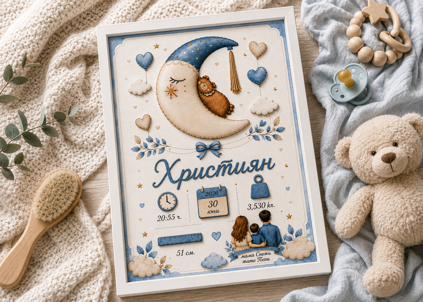 Персонализирана бебешка визитка за момче Християн в рамка, представена в нежна бебешка обстановка с мече