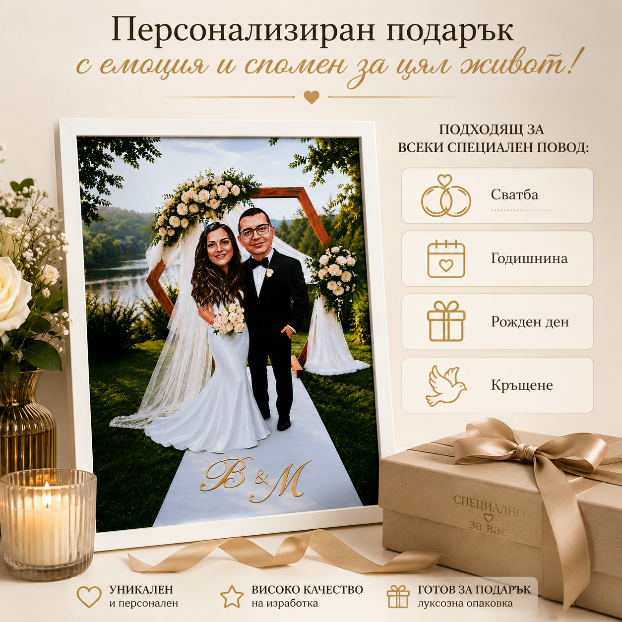 Персонализирана карикатура по снимка за сватба, годишнина, рожден ден и кръщене