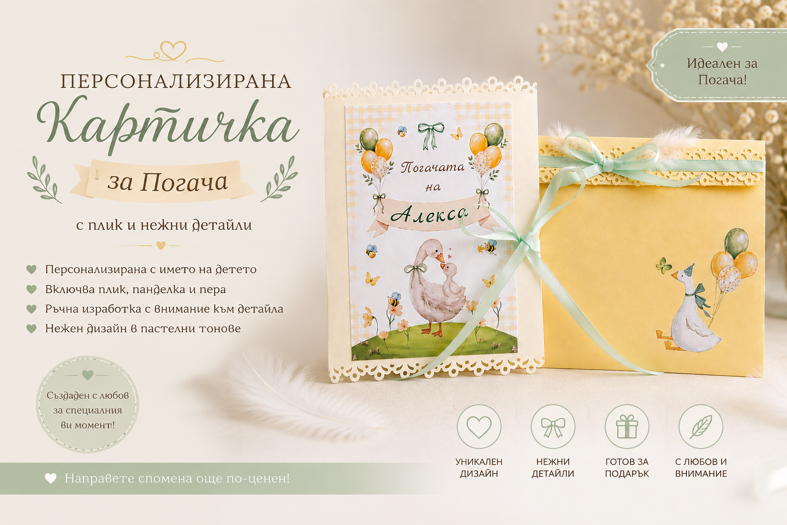 Рекламна визия на персонализирана картичка за погача с плик, панделка и нежни пастелни детайли