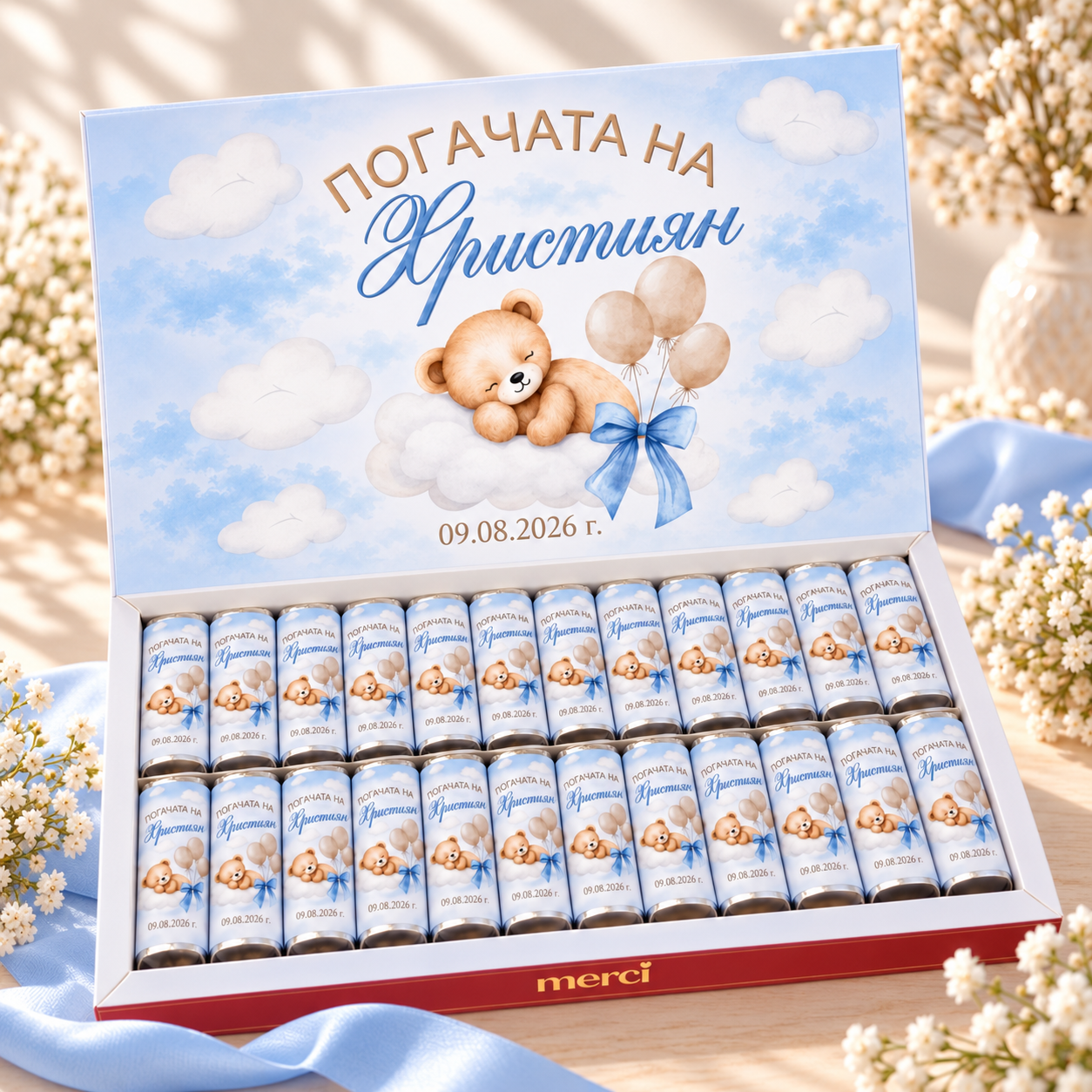 Персонализирани бонбони MERCI за погача на момче със синьо мече, облачета, име и дата