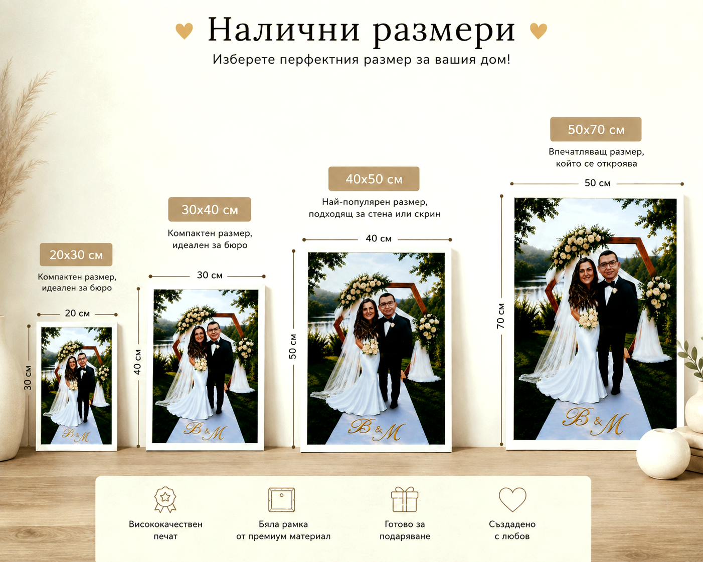 Налични размери за персонализирана карикатура в рамка – 20x30, 30x40, 40x50 и 50x70 см