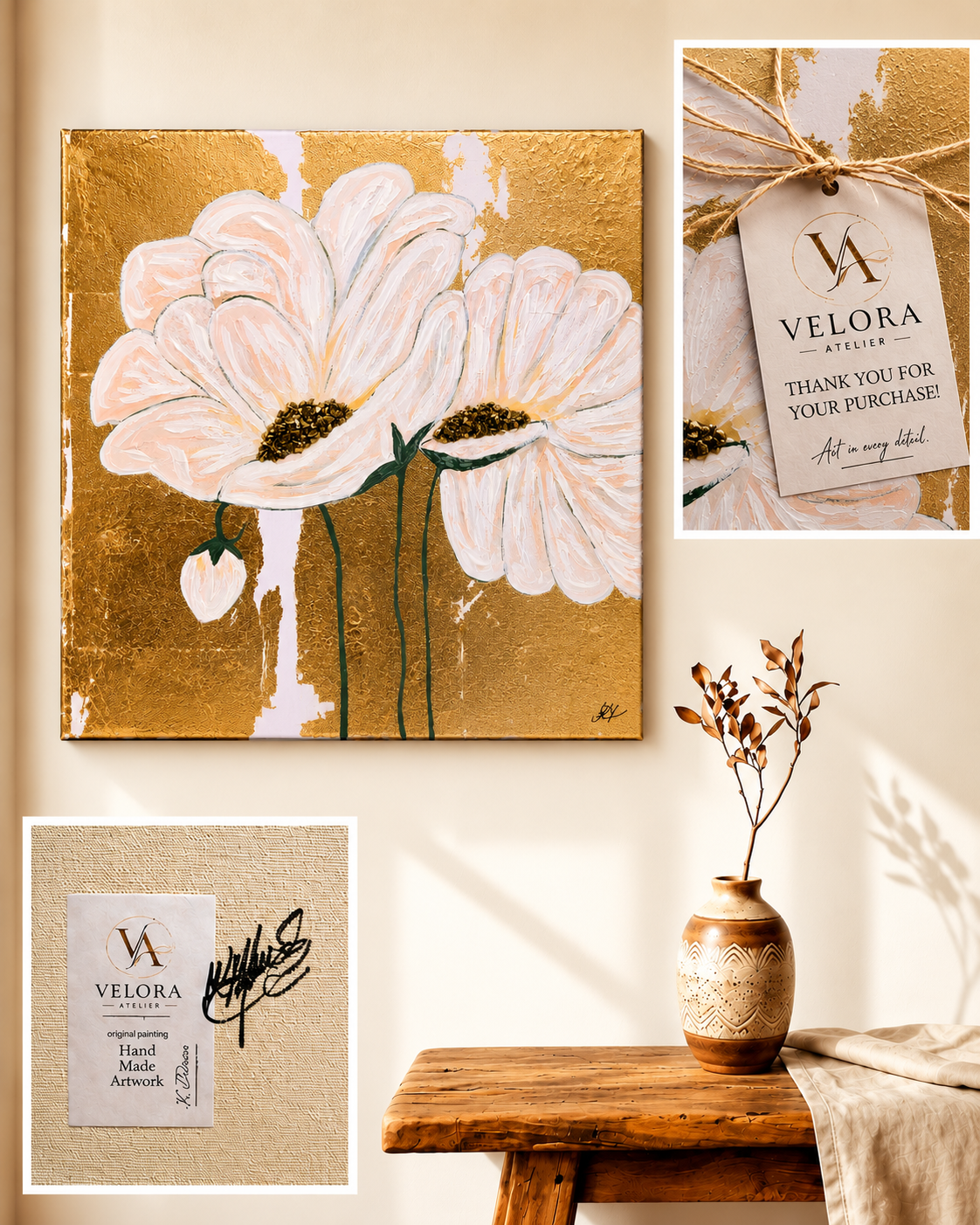 Ръчно рисувана релефна картина „Златни цветя“ с брандинг и подпис Velora Atelier