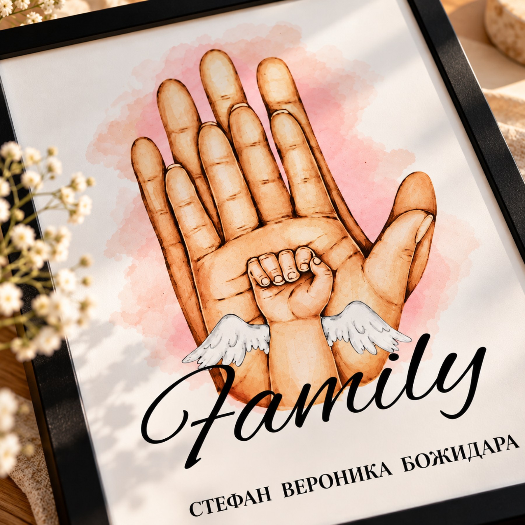 Детайл от персонализиран семеен колаж с ръце на родители и бебе, ангелски криле, имена и надпис Family