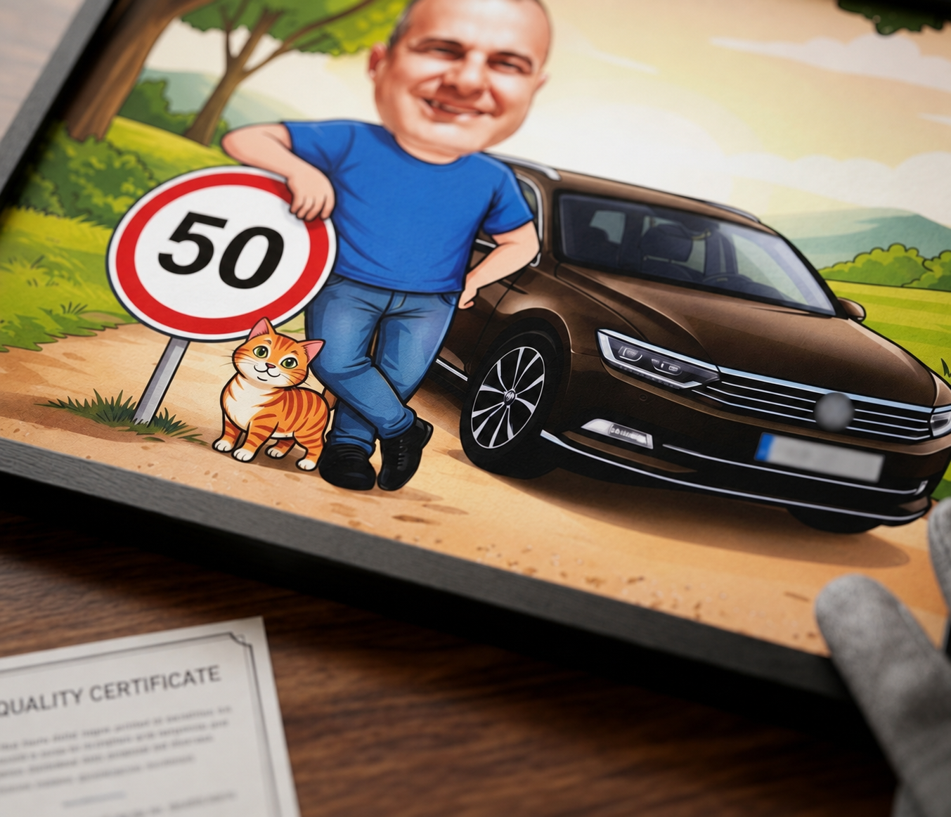 Детайл от персонализирана карикатура за 50 годишен мъж с автомобил, котка и пътен знак 50 в черна рамка