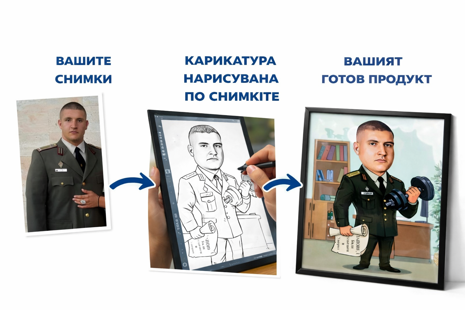 Как се прави персонализирана карикатура за военен – от предоставената снимка, през рисуването, до готовия продукт с диплома и гира в черна рамка