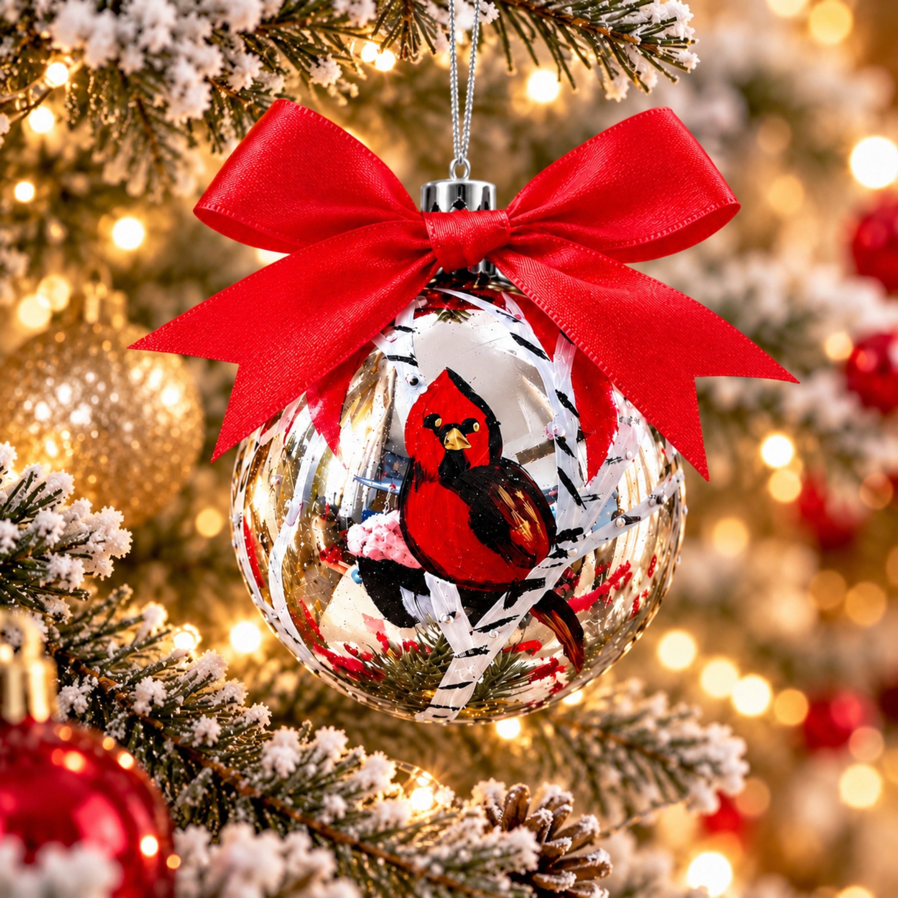 Сребриста коледна топка с рисунка на яркочервена птица кардинал, кацнала върху бели брезови клони с черни шарки, червени зимни плодчета и зелени иглолистни клонки, украсена с голяма червена сатенена панделка и сребристо шнурче, окачена на заснежена коледна елха сред топли празнични светлини