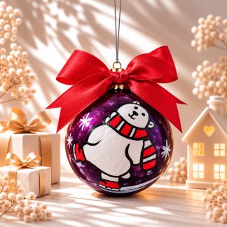 Ръчно рисувана коледна топка с блестяща лилава основа, бяла полярна мечка на кънки с червено-бял раиран шал и червени кънки, бели снежинки и голяма червена сатенена панделка, представена на светъл кремаво-бежов фон сред коледни подаръци, нежни бели цветя и светеща декоративна къщичка.