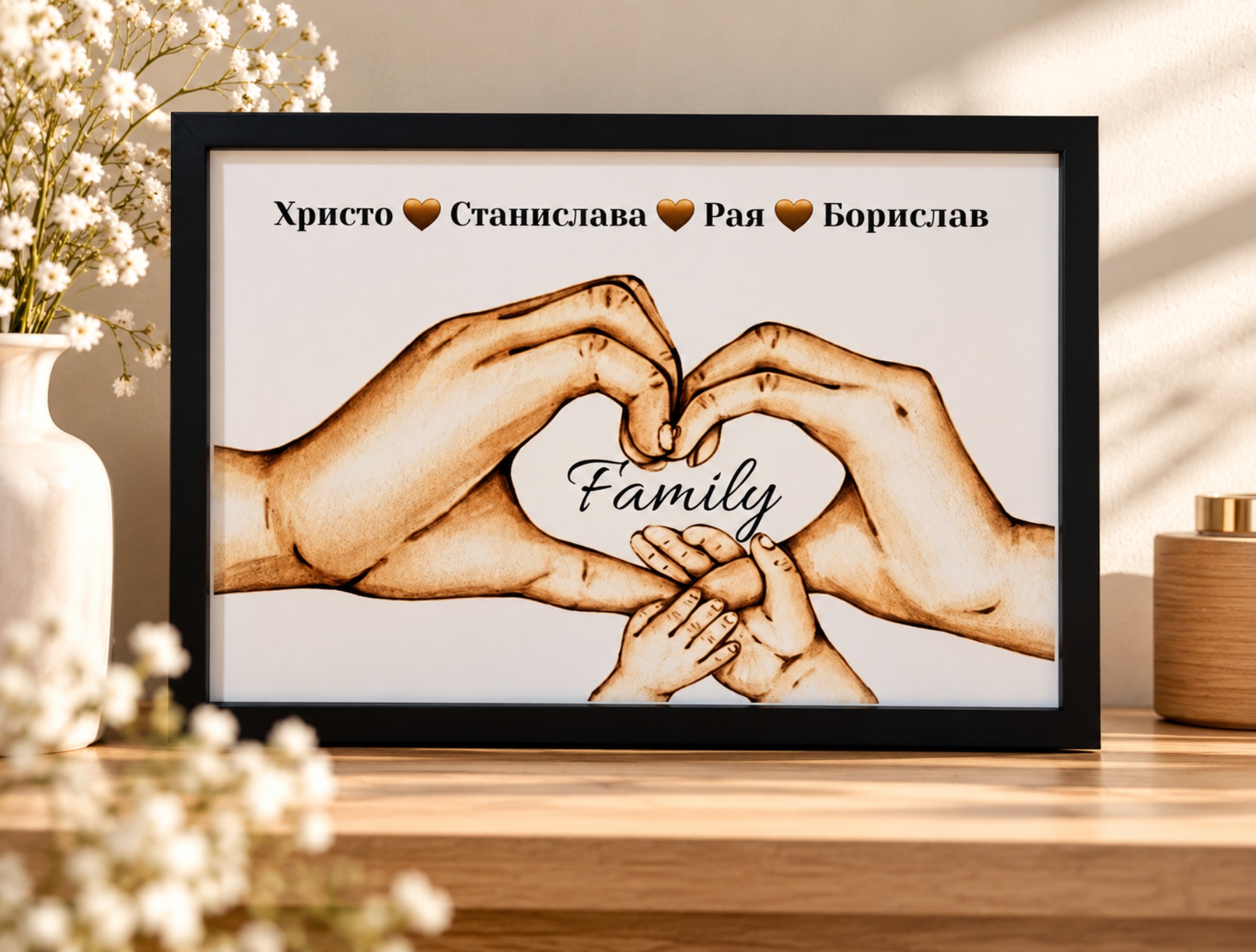 Персонализиран семеен колаж с имена и илюстрация на ръце във форма на сърце