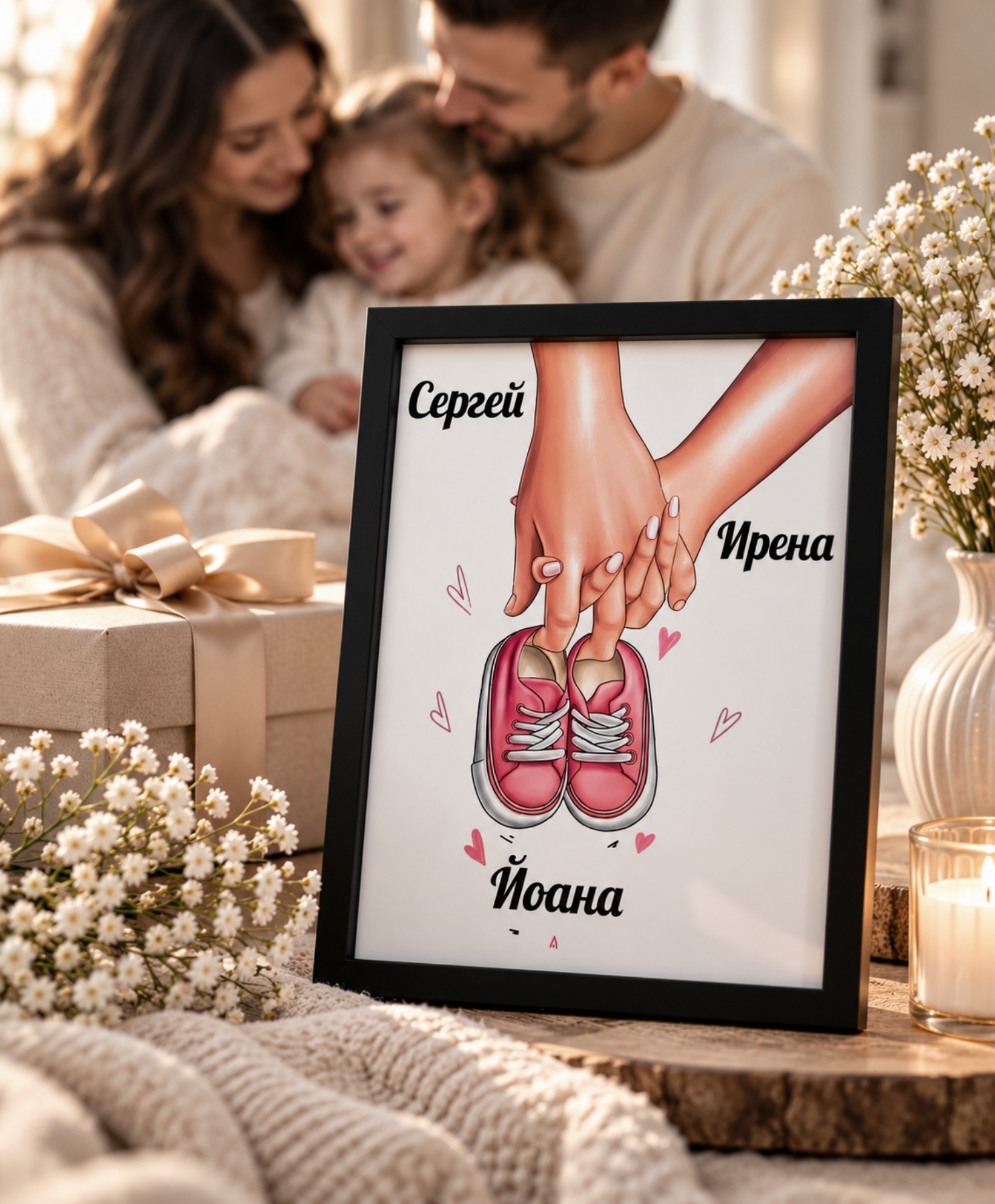 Персонализиран семеен колаж с ръце на родители, детски обувки, имена и семейна композиция в черна рамка