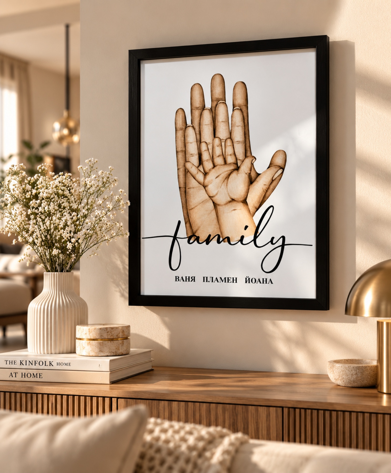 Персонализиран семеен колаж с ръце на родители и дете, имена и надпис Family, окачен на стена в модерен дом