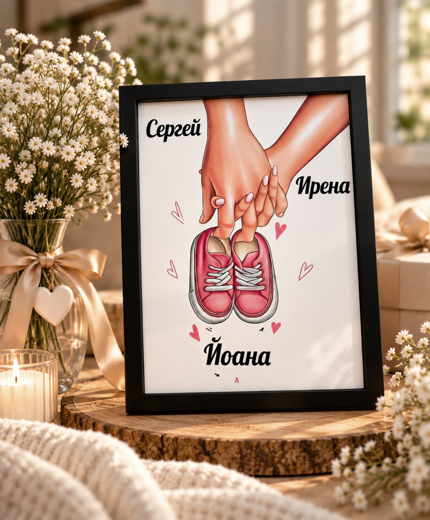 Персонализиран семеен колаж с ръце на родители, розови детски обувки, имена и декоративни сърца в черна рамка