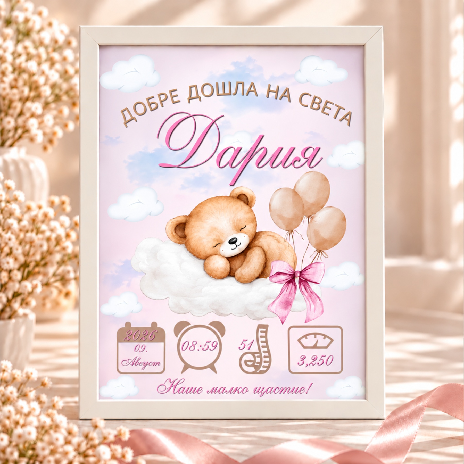 Персонализирана бебешка визитка за момиче с име, дата, час, ръст и тегло в розов дизайн с мече и облачета