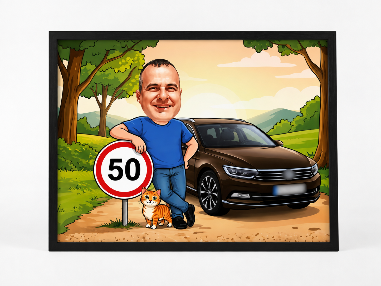 Персонализирана карикатура за 50 годишен мъж с автомобил, котка и пътен знак 50, поставена в черна рамка