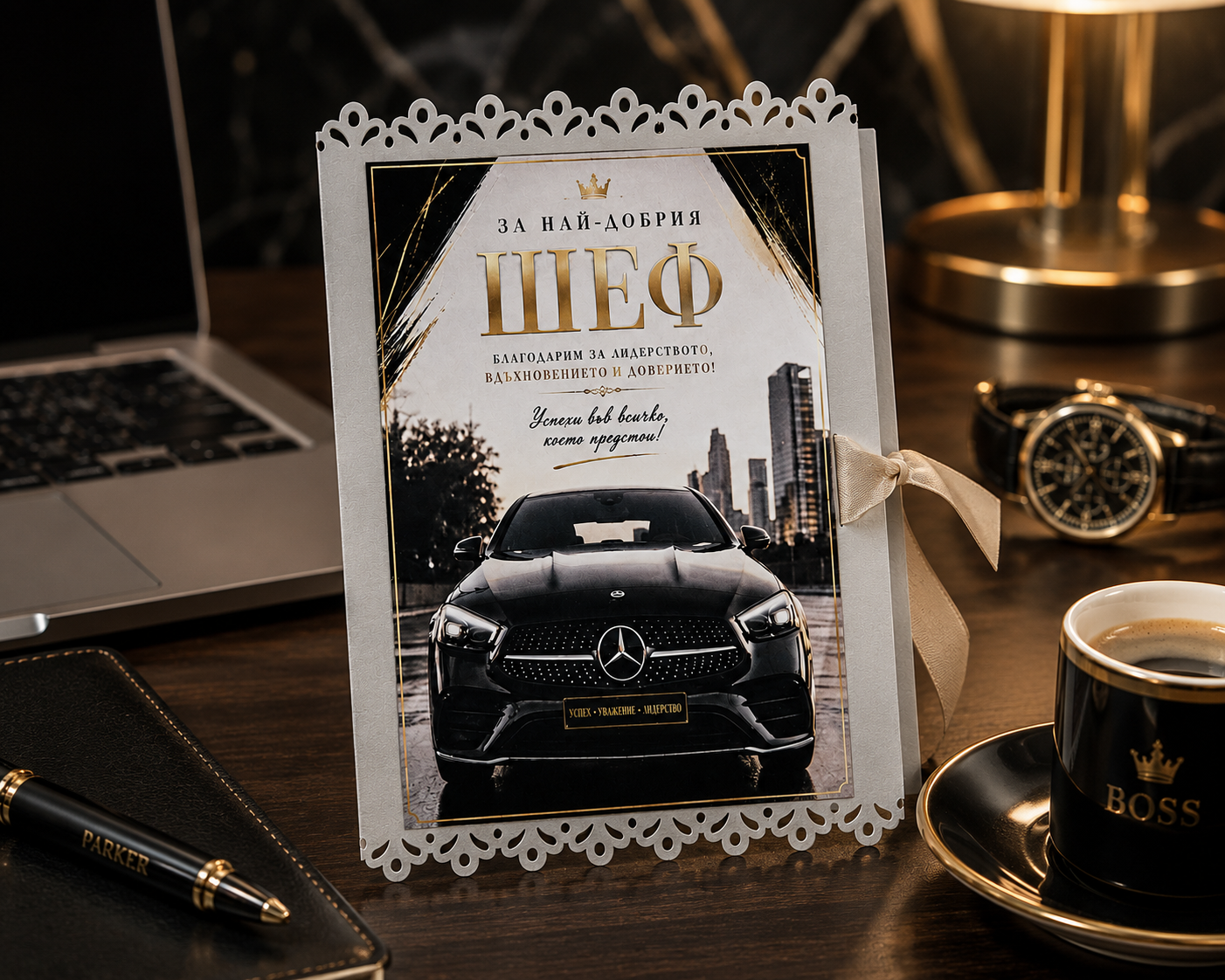 Персонализирана картичка за шеф с автомобил Mercedes, благодарствено послание, златни акценти и сатенена панделка
