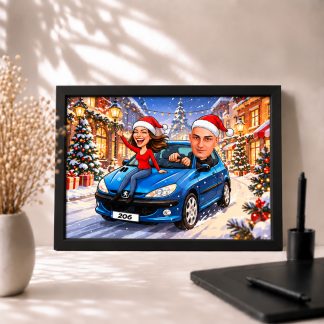 Персонализирана коледна карикатура за двойка с син Peugeot 206, коледни шапки, снежен градски пейзаж, украсени елхи и подаръци, представена в черна рамка върху светла повърхност