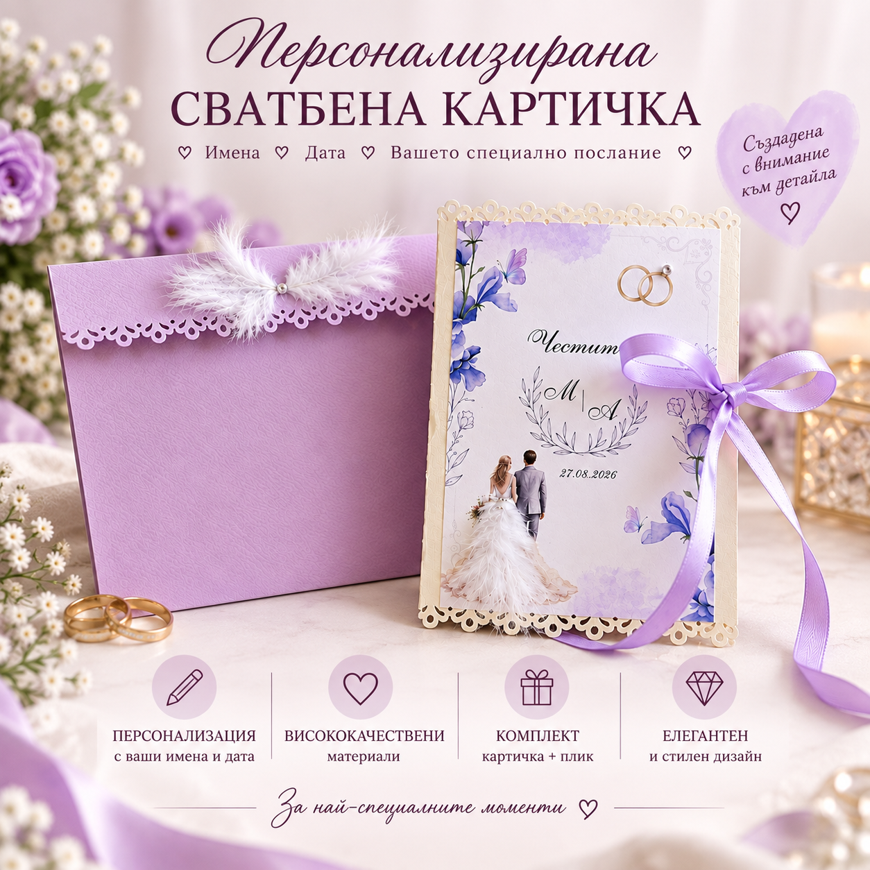 Персонализирана сватбена картичка с имена, дата, специално послание, лилава панделка и декоративен плик